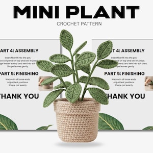 May include: A crocheted mini plant in a beige pot. The plant has green leaves and stems. The image includes text that reads "MINI PLANT CROCHET PATTERN" and instructions for assembly and finishing. The words "THANK YOU" are also visible.