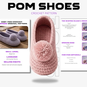 Pom Pom Crochet Slippers Pattern, Women's Shoes (PDF Digital Download)