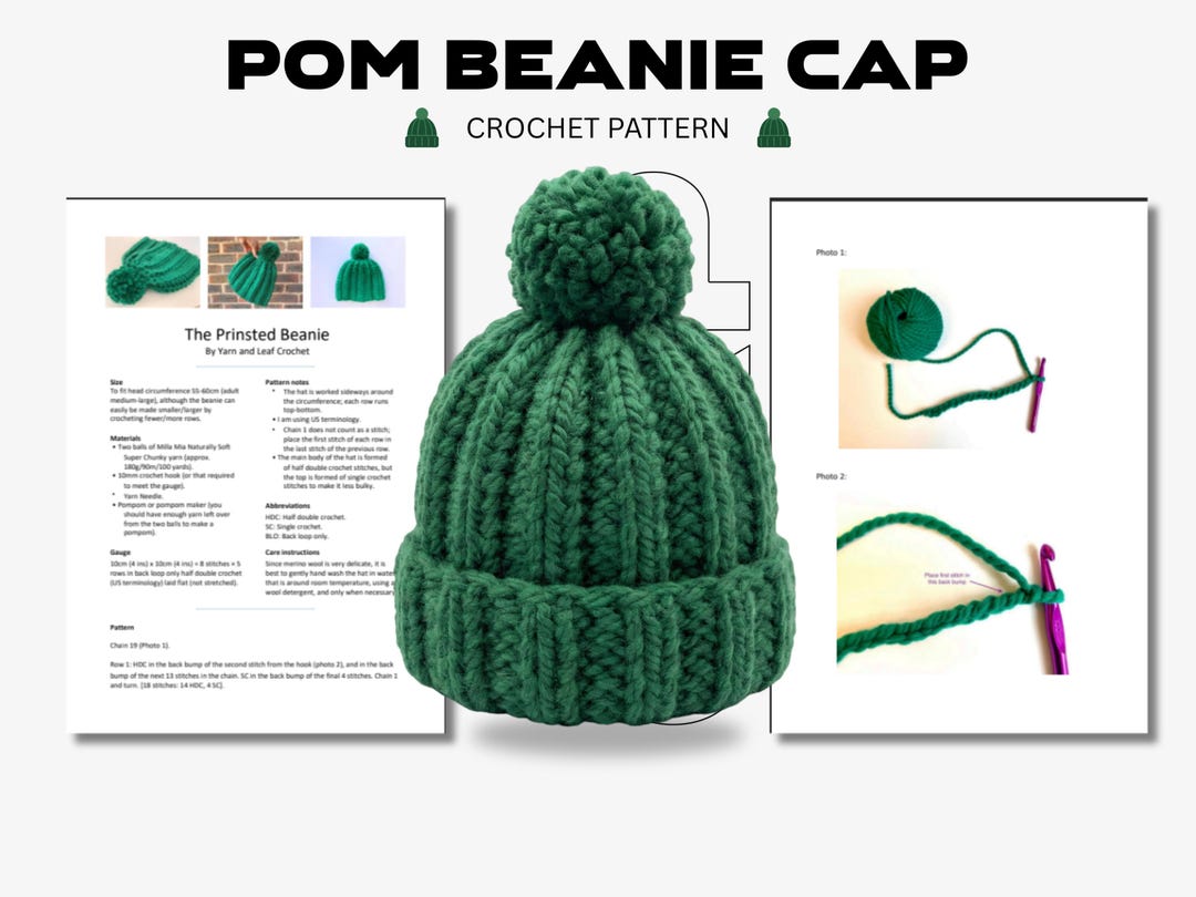 Crochet Pom Beanie Cap Pattern PDF Textured Winter Hat Tutorial Instant ...