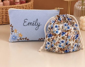Set de neceser personalizado, estuche de cosméticos con nombre bordado, bolsa con cordón y estampado floral, neceser hecho a mano, regalo para ella.