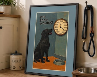 Quadro decorativo de parede com tema de cozinha canina – Hora da refeição! (Labrador Preto) | Decoração divertida com tema de cachorro em estilo vintage | Disponível com ou sem moldura
