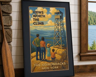 Adirondacks New York Canvas Wall Art – Views Worth the Climb | Vintage Mountain Travel Decor | Available Framed or Unframed