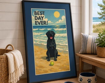 Lienzo decorativo para pared con perro playero: El mejor día de tu vida (Labrador negro) / Decoración vintage de perro costero / Disponible con o sin marco