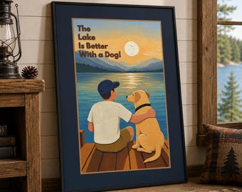 Dog Lake Canvas Wall Art – The Lake Is Better With a Dog (Yellow Lab) | Vintage Lake Dog Decor | Available Framed or Unframed