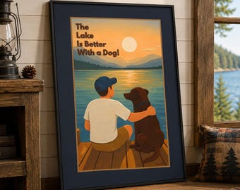 Handgemachtes Hunde Gemälde am See – Ein Hund am See (Chocolate Lab) | Vintage Seehund Dekor | Erhältlich gerahmt oder ungerahmt