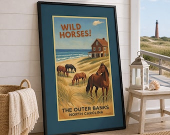 Outer Banks North Carolina Canvas Wall Art – Wild Horses | Vintage Coastal Travel Decor | Available Framed or Unframed