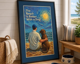 Dog Beach Canvas Wall Art – The Beach Is Better With a Dog (Chocolate Lab) | Vintage Coastal Dog Decor | Available Framed or Unframed