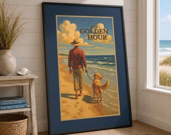 Golden Retriever Beach Canvas Wall Art – The Golden Hour / Decorazione vintage per cani costieri / Disponibile con o senza cornice
