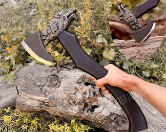 Handgesmeed wolf-vikingbijl, aangepaste middeleeuwse Noorse bijl met houten handvat cadeau voor hem