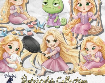 Paquete de imágenes PNG de Rapunzel bebé en acuarela, imprimibles y sublimadas (descarga digital)