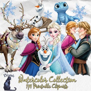 Puede incluir: Ilustración en acuarela con personajes de la película Frozen, incluyendo a Elsa, Anna, Olaf, Kristoff, Sven y Bruni. La imagen incluye copos de nieve y el texto "Watercolor Collection 171 Printable Cliparts."