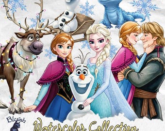 Clipart PNG acquerello Frozen, Elsa, Anna, immagini stampabili, grafica cartoon, sublimazione, DOWNLOAD DIGITALE