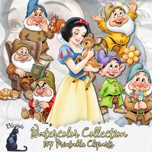 Puede incluir: Ilustración en acuarela con Blancanieves, siete enanitos y un cervatillo. Los personajes están representados en un estilo de dibujos animados colorido. La imagen incluye el texto "Watercolor Collection 107 Printable Cliparts". Un gato negro está en la esquina inferior izquierda.