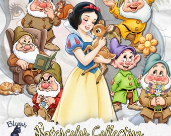 白雪姫の水彩画PNGクリップアート、七人の小人、プリンセスグラフィック、印刷可能な画像、昇華、デジタルダウンロード