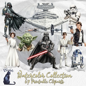 May include: Watercolor collection of Star Wars characters and elements. Includes Darth Vader with a red lightsaber, Yoda, Princess Leia, Luke Skywalker, Han Solo, R2-D2, a Stormtrooper, and Boba Fett. The image also features a Death Star and various starfighters. Text reads "Watercolor Collection 67 Printable Cliparts."