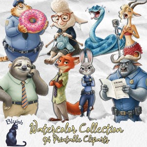 Könnte beinhalten: Aquarell-Kollektion mit Zootopia-Charakteren, darunter ein Polizist-Gepard mit Donut, ein schaf beim Stricken, eine Schlange, eine singende Gazelle, ein Faultier am Telefon, ein Fuchs, ein Polizist-Kaninchen und ein Büffel, der einen Polizeibericht liest. Text: "Watercolor Collection 94 Printable Cliparts."