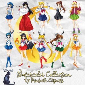 May include: A watercolour collection of 117 printable cliparts featuring anime characters in colourful outfits. The characters are posed in different stances, with a black cat illustration in the lower left corner.