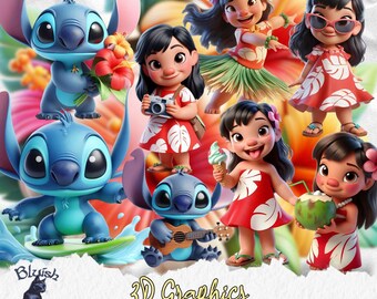 Lilo und Stitch 3D PNG Cliparts, druckbare Bilder, Hawaii Themen, Sommer Vibes (Digitaler Download)