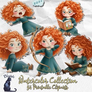 May include: Watercolor collection of 54 printable cliparts featuring a cartoon character with red curly hair in various poses. The character is wearing a teal dress and is depicted sleeping, reading, writing, and aiming a bow and arrow. A black cat is also included.