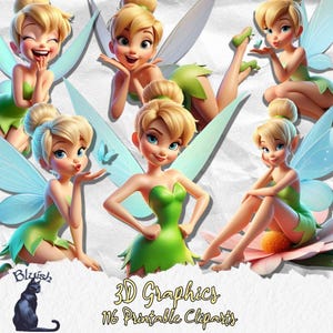 May include: A set of 3D graphics showing a blonde fairy with blue eyes, in a green dress and wings. The image includes the text "3D Graphics" and "116 Printable Cliparts". A black cat is also visible.