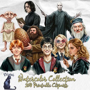 以下が含まれることがあります： ハリー・ポッターシリーズのキャラクター、ハリー、ロン、ハーマイオニー、ダンブルドア、スネイプ、ヴォルデモート、ハグリッド、ルーナ、ドビーを描いた水彩イラスト。画像には「Watercolor Collection 208 Printable Cliparts」というテキストが含まれています。左下隅には黒猫がいます。