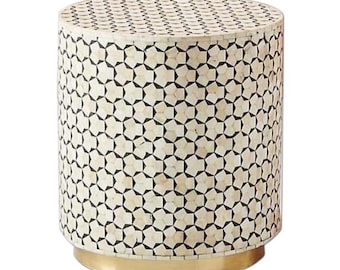 Handmade Bone Inlay Round Side Table, Boho Accent Furniture