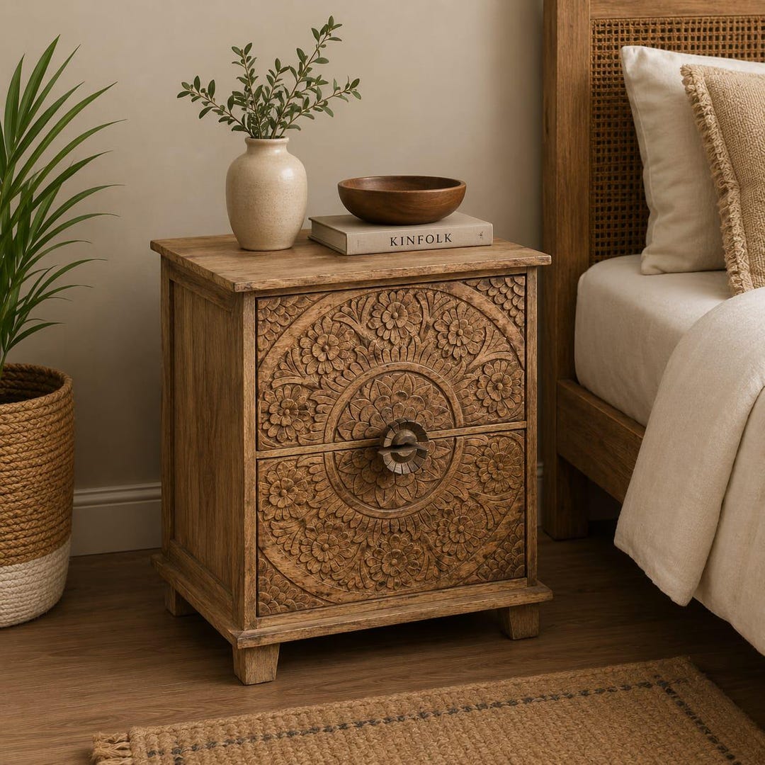 Bedside Table Patterned Hand Carved Wooden Bedside Table | Boho Nightstand With Floral Pattern ...