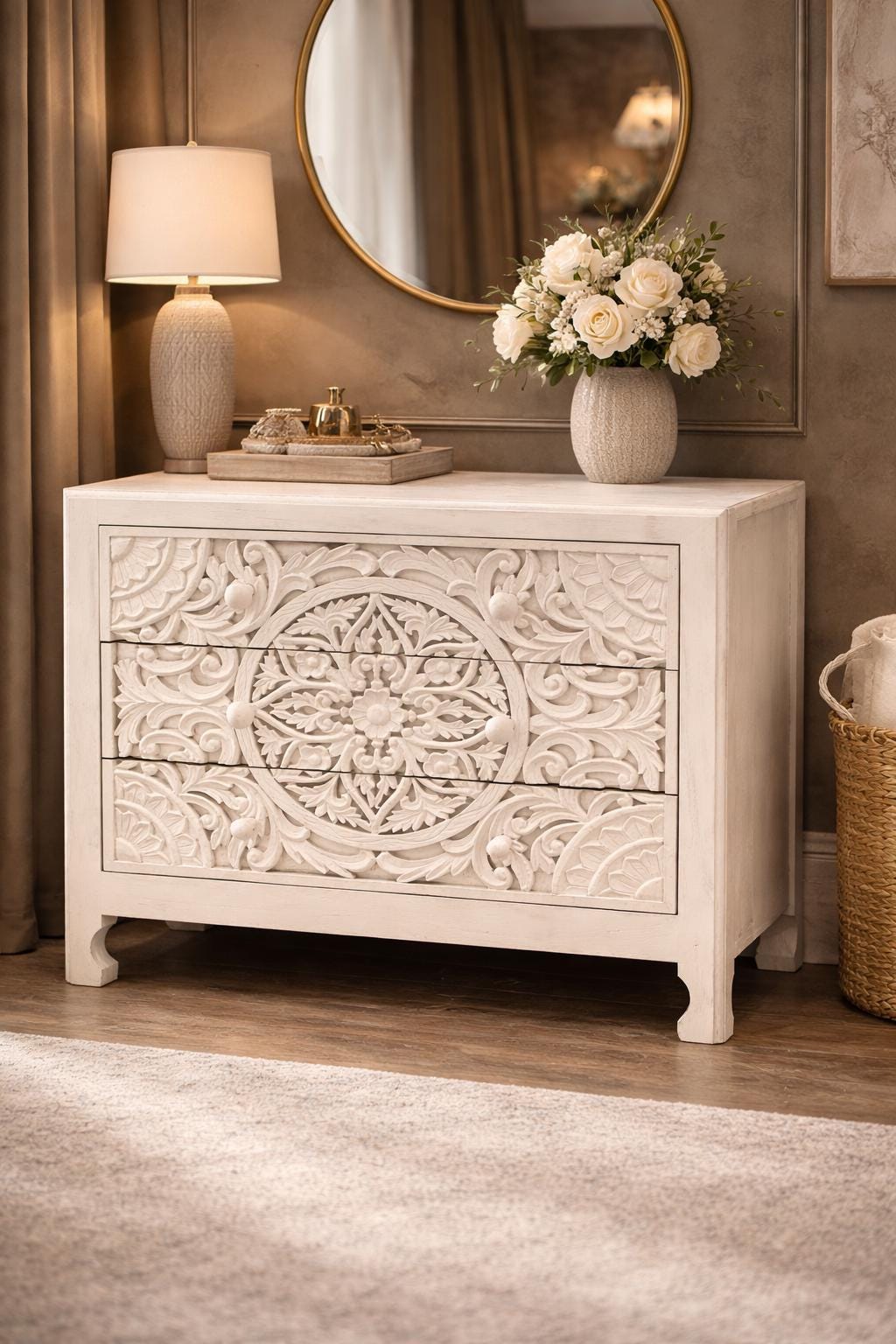 boho dresser white Hand Carved Wooden Mandala – Floral Carved Chest of Drawers – Bedroom Storage Cabinet Color:Deep Blue including our strict No Color Name:WATERFALL Your dream dress awaits…
