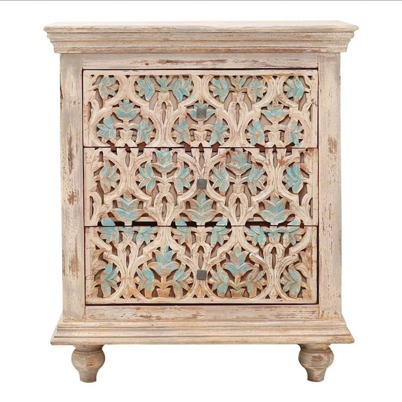 Bedside Table Patterned Hand Carved Wooden Bedside Table | Boho Nightstand With Floral Pattern ...