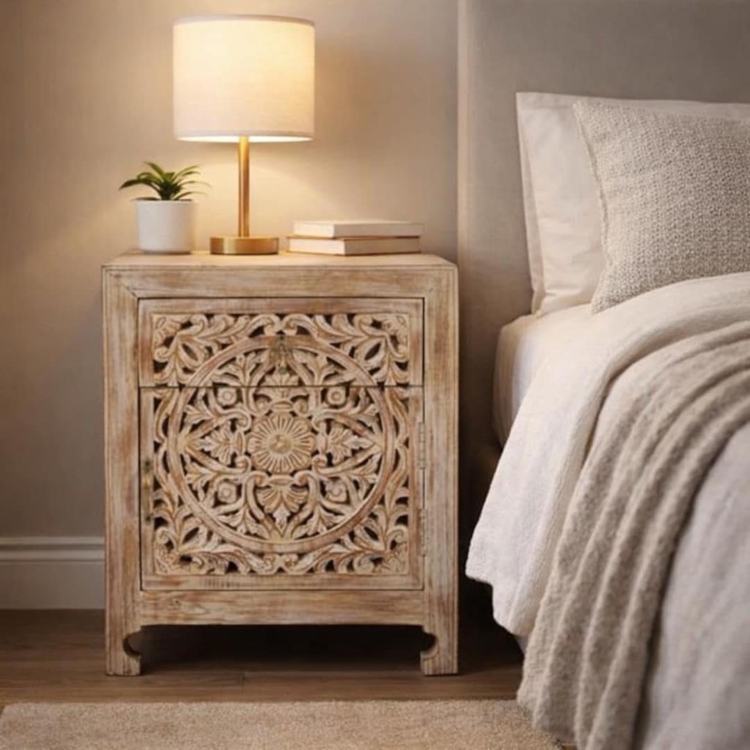 Bedside Table Patterned Hand Carved Wooden Bedside Table | Boho Nightstand With Floral Pattern ...