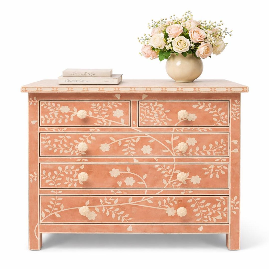 boho chic bedroom dresser Peach Floral Bone Inlay – Handmade Wooden Chest of Drawers | Luxury Storage Cabinet | Furniture tip kit for child archive collection Blue Satin Cowl Neck Style:Pink+Blue - Back Order