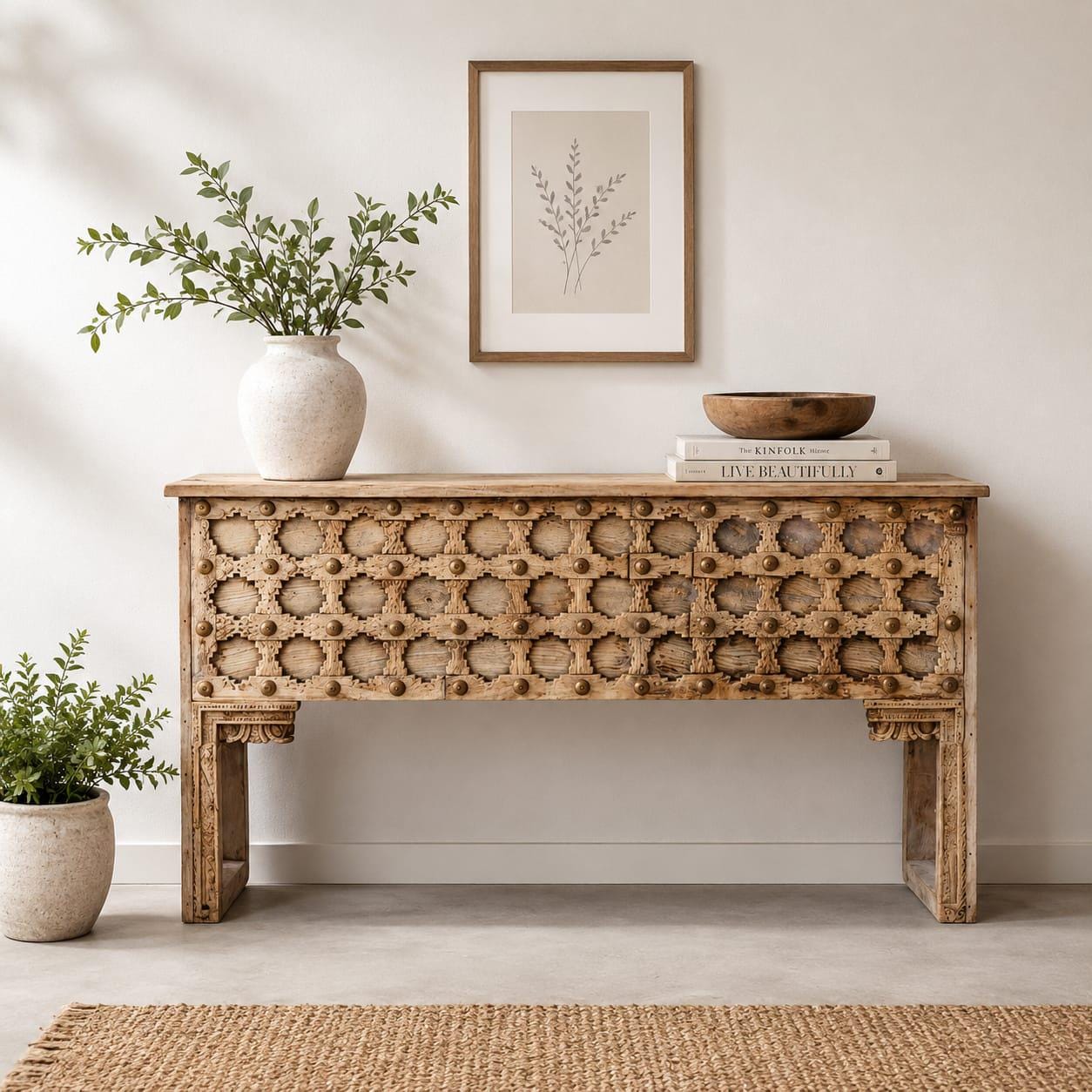 Handcrafted Wooden Console Table | Boho Carved Entryway Cabinet ...