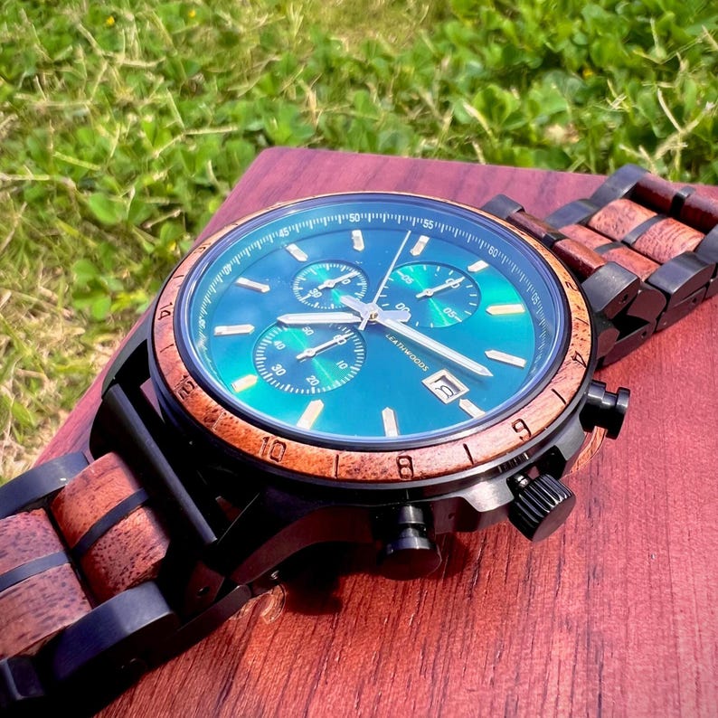 Side angle view of handmade wooden watch for men highlighting natural wood grain, polished wooden case, premium craftsmanship