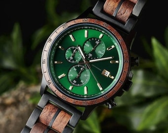 Personalized & Engraved Wooden Watch | Walnut Green Dial Watch for Men | Custom Wood Watch Gift for Him | Anniversary Birthday Gift