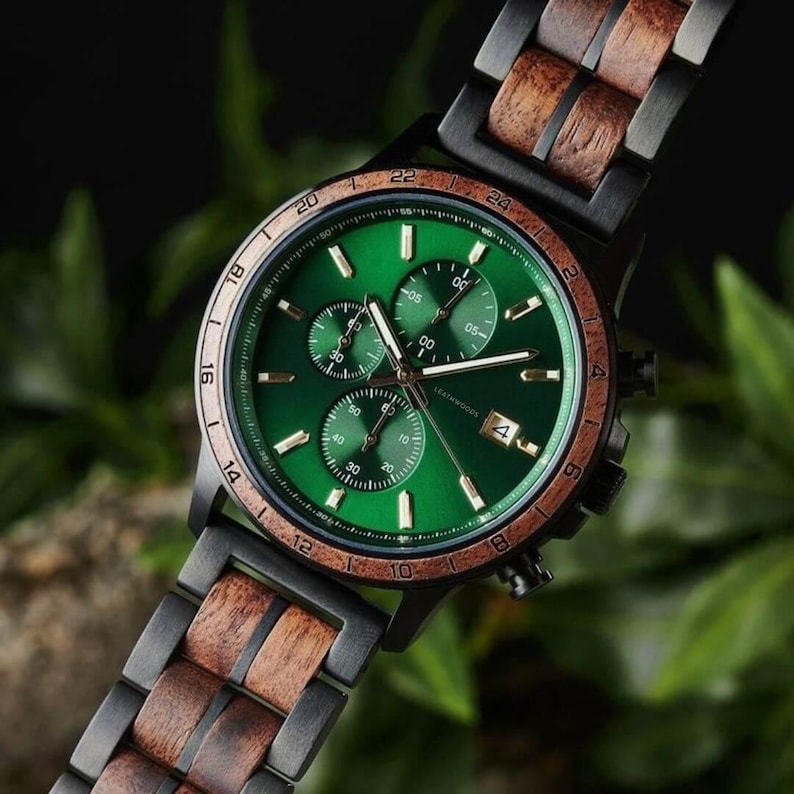 Personalized Aurora wooden watch for men featuring Walnut wood, Green face dial, handmade wooden wristwatch gift