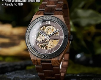 Automatic Wooden Watch | Personalized Engraved Mechanical Walnut Watch | Brown Dial | Luxury Gift for Him