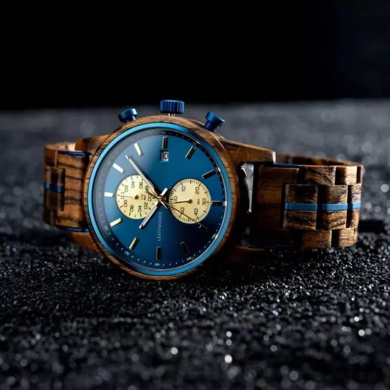 Blue Jay engraved wooden watch for men with deep blue dial and gold sub dials, personalized anniversary gift for him