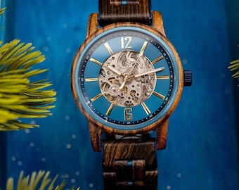Ocean Wooden Watch for Men, Personalized Engraved Snakewood Automatic Watch, Wedding Groom Gift, Anniversary & Christmas Gift