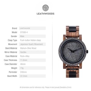 May include: Leathwoods GT089-4 watch with a rock and alloy case and walnut and olive wood band. The watch has a Japanese Quartz movement and a 46mm case diameter. The watch face is dark gray with black hands.
