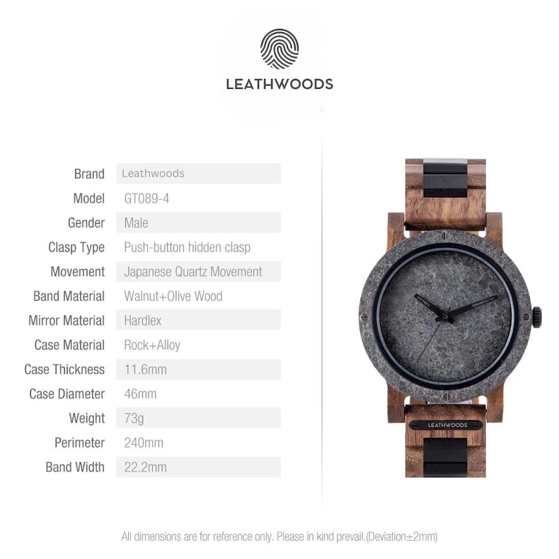May include: Leathwoods GT089-4 watch with a rock and alloy case and walnut and olive wood band. The watch has a Japanese Quartz movement and a 46mm case diameter. The watch face is dark gray with black hands.