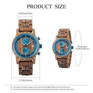 Personalized engraved wooden watch for men zebrawood blue dial with Product size and dimensions
