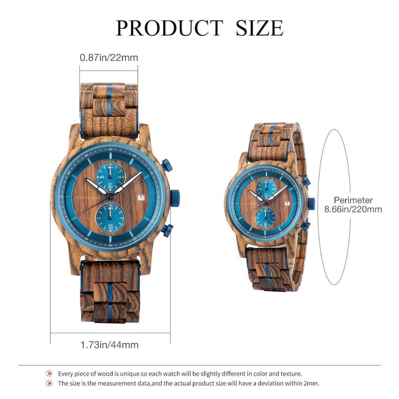 Personalized engraved wooden watch for men zebrawood blue dial with Product size and dimensions