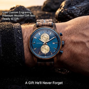 Engraved mens wooden watch worn on wrist, stylish anniversary gift for boyfriend