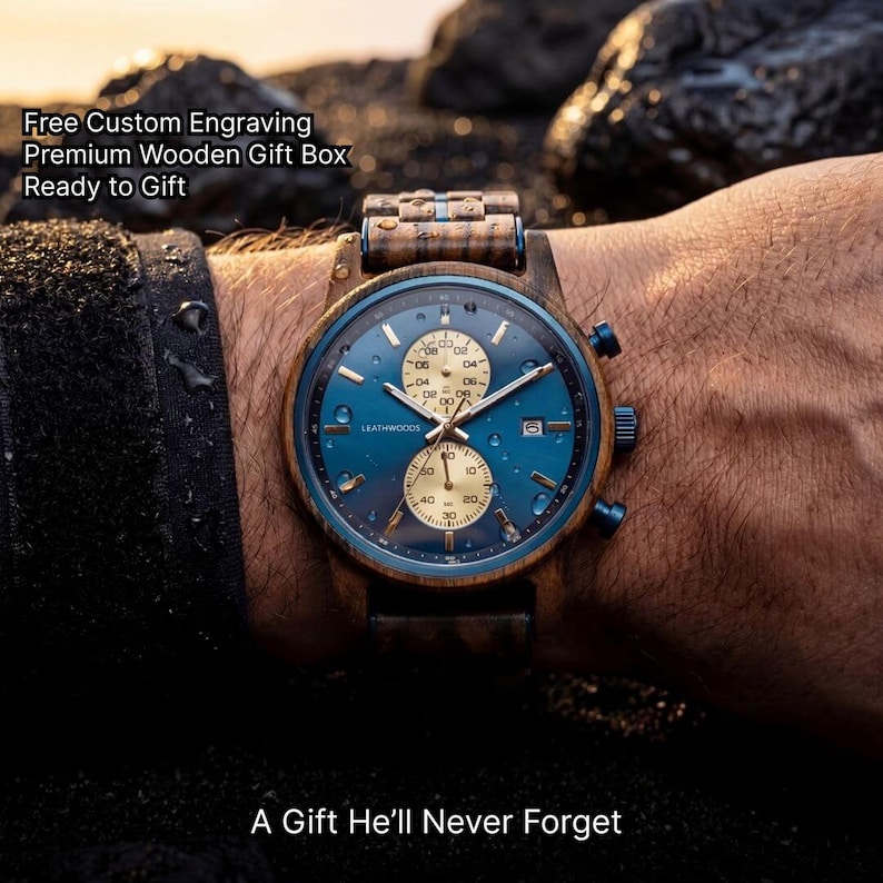 Engraved mens wooden watch worn on wrist, stylish anniversary gift for boyfriend