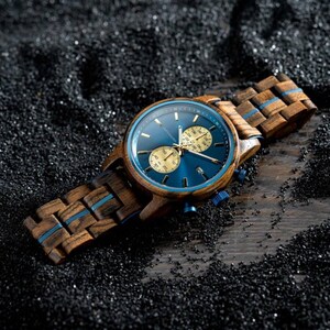 Blue dial mens wood watch on wrist, stylish personalized gift for him for birthday or Father’s Day