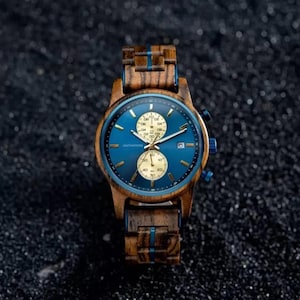 Front view of Blue Jay wooden watch with quartz movement and stainless steel links, luxury gift for men