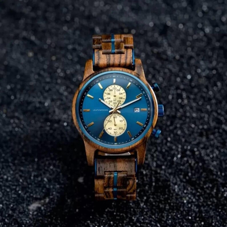 Front view of Blue Jay wooden watch with quartz movement and stainless steel links, luxury gift for men