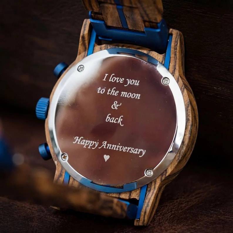 Back case engraving detail on custom wooden watch for men, meaningful anniversary gift for husband