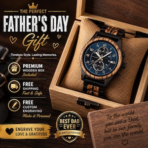 May include: A wooden watch with a blue face and a wooden band is displayed inside a wooden box. The box is lined with burlap. The text on the box reads "The Perfect Father's Day Gift". The watch is a premium gift.
