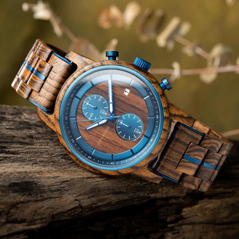Custom zebrawood watch for men with engraving brown blue face close up